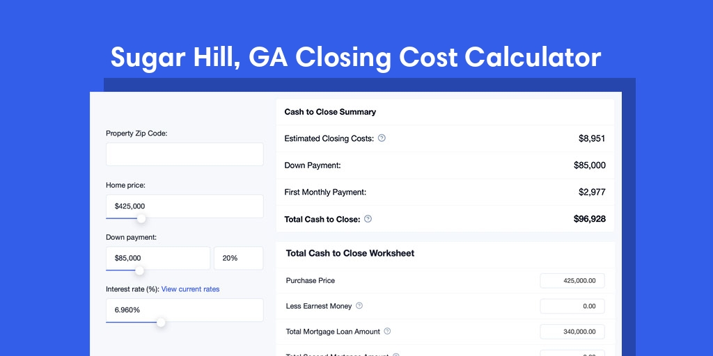 Sugar Hill, GA Mortgage Closing Cost Calculator with taxes, homeowners insurance, and hoa