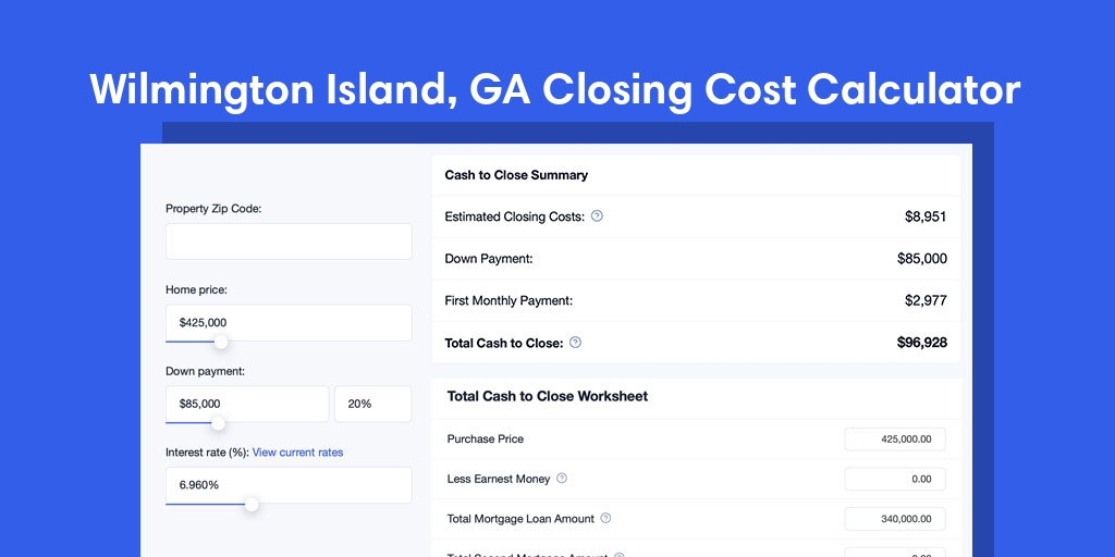 Wilmington Island, GA Mortgage Closing Cost Calculator with taxes, homeowners insurance, and hoa