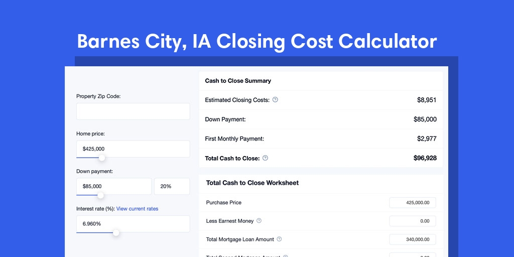 Barnes City, IA Mortgage Closing Cost Calculator with taxes, homeowners insurance, and hoa