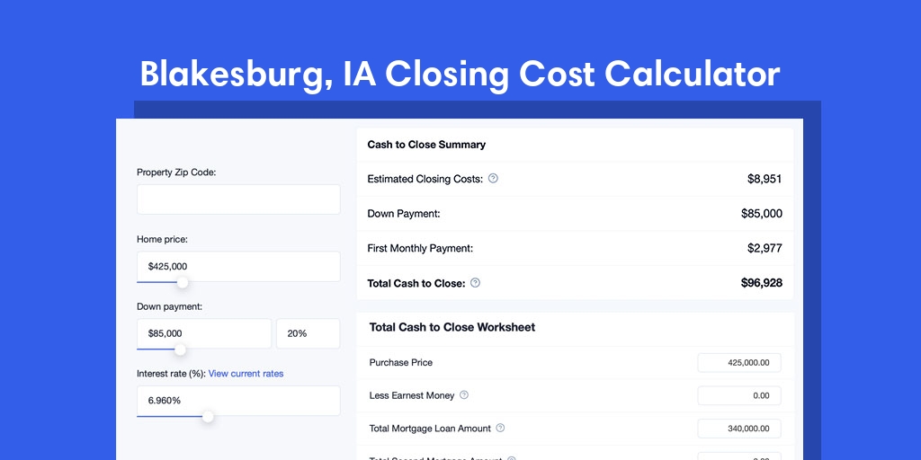 Blakesburg, IA Mortgage Closing Cost Calculator with taxes, homeowners insurance, and hoa