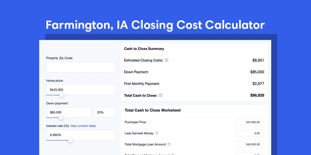 Farmington, IA Mortgage Closing Cost Calculator with taxes, homeowners insurance, and hoa