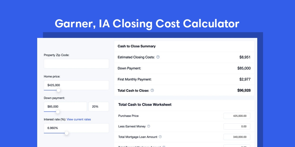 Garner, IA Mortgage Closing Cost Calculator with taxes, homeowners insurance, and hoa