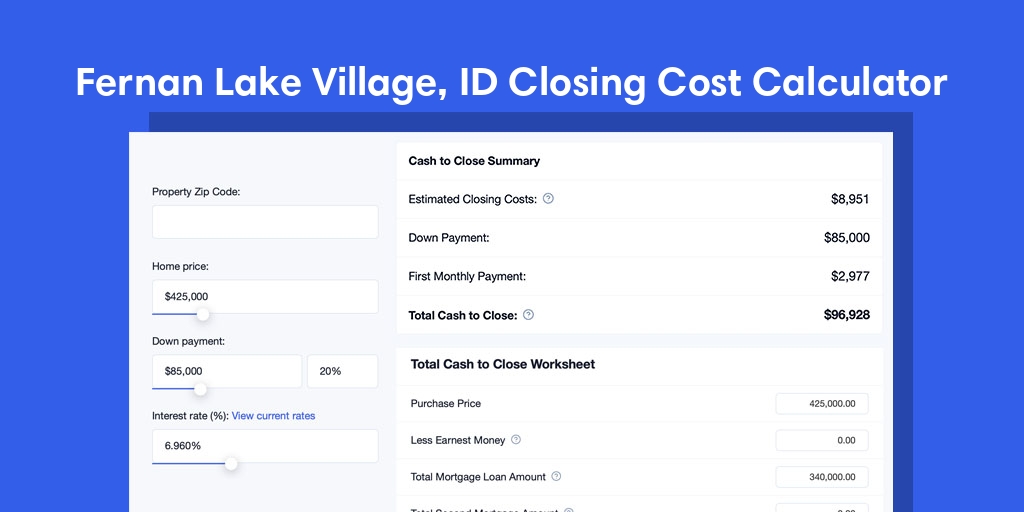 Fernan Lake Village, ID Mortgage Closing Cost Calculator with taxes, homeowners insurance, and hoa