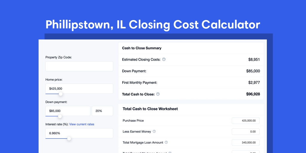 Phillipstown, IL Mortgage Closing Cost Calculator with taxes, homeowners insurance, and hoa
