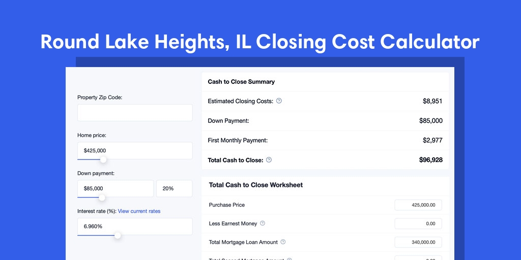 Round Lake Heights, IL Mortgage Closing Cost Calculator with taxes, homeowners insurance, and hoa