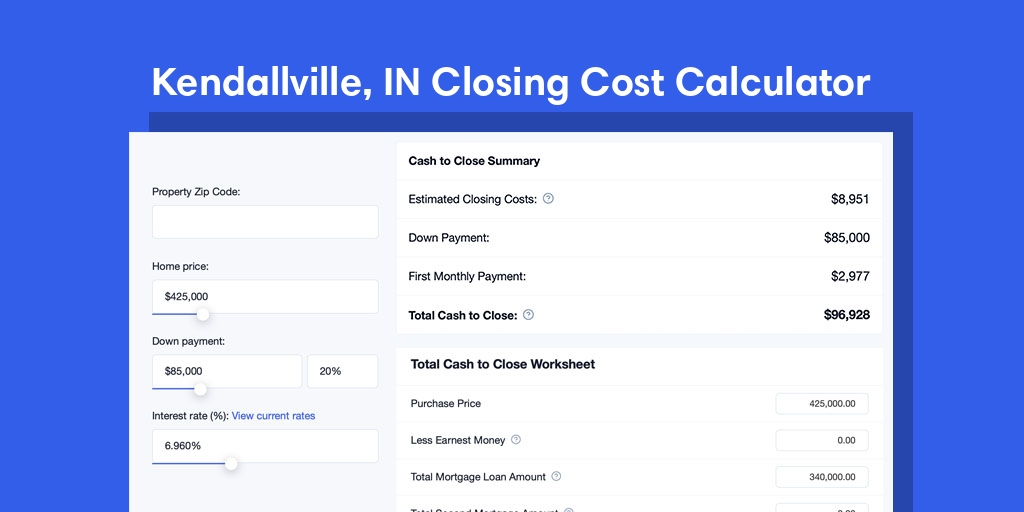 Kendallville, IN Mortgage Closing Cost Calculator with taxes, homeowners insurance, and hoa