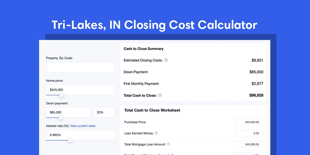 Tri Lakes, IN Mortgage Closing Cost Calculator with taxes, homeowners insurance, and hoa