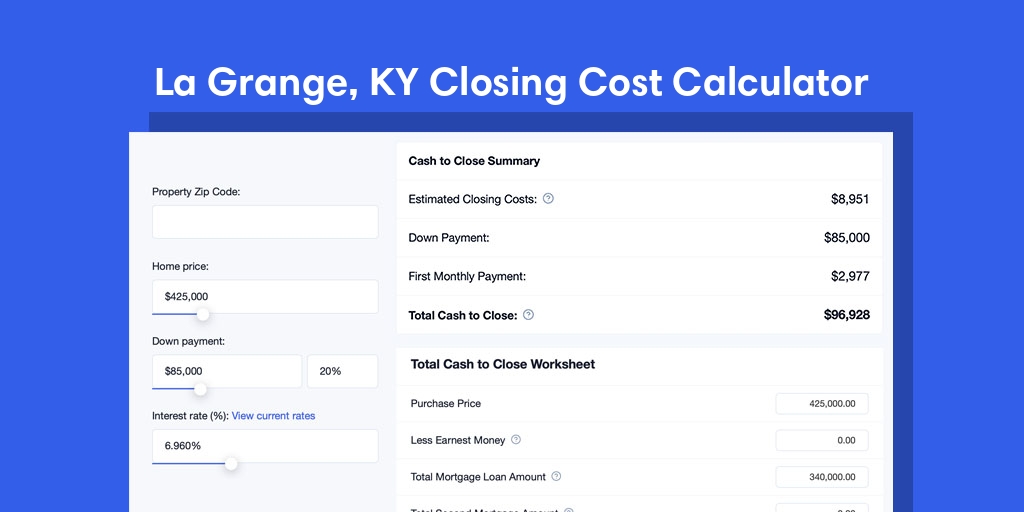 La Grange, KY Mortgage Closing Cost Calculator with taxes, homeowners insurance, and hoa