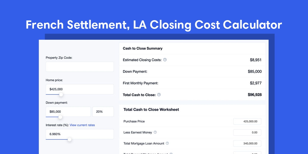 French Settlement, LA Mortgage Closing Cost Calculator with taxes, homeowners insurance, and hoa