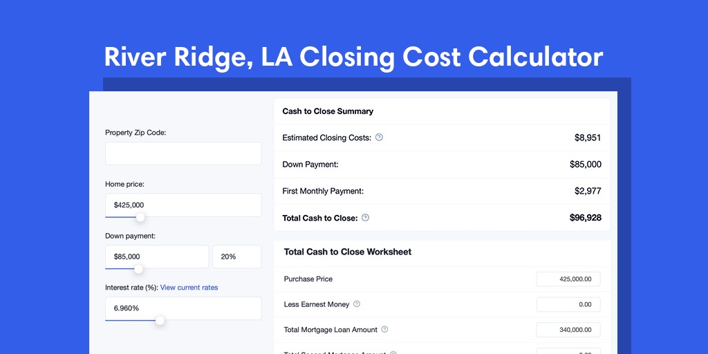 River Ridge, LA Mortgage Closing Cost Calculator with taxes, homeowners insurance, and hoa