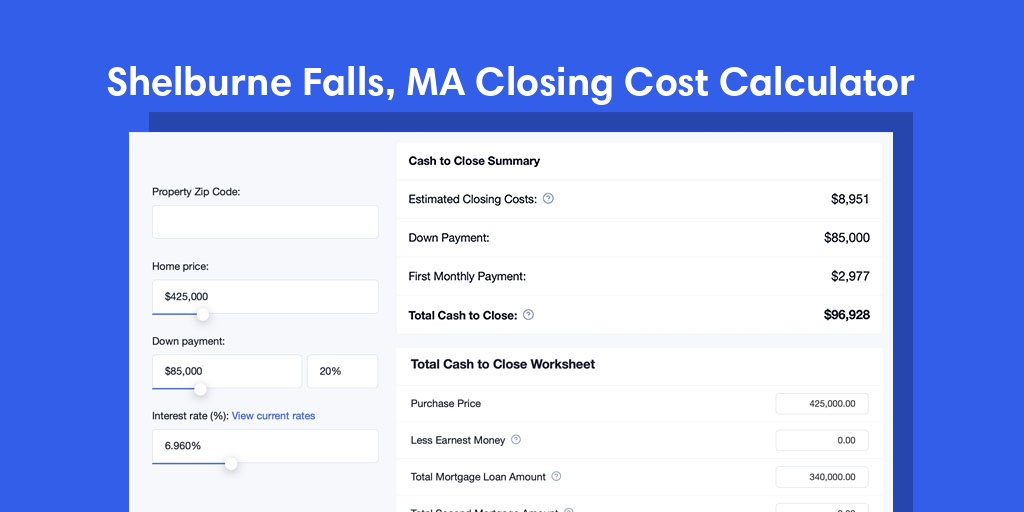 Shelburne Falls, MA Mortgage Closing Cost Calculator with taxes, homeowners insurance, and hoa