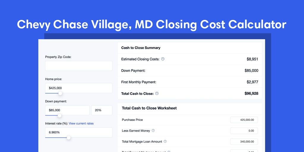 Chevy Chase Village, MD Mortgage Closing Cost Calculator with taxes, homeowners insurance, and hoa