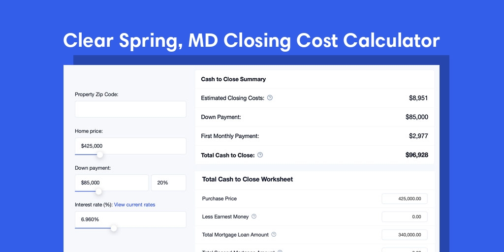 Clear Spring, MD Mortgage Closing Cost Calculator with taxes, homeowners insurance, and hoa