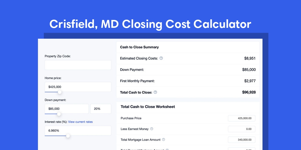 Crisfield, MD Mortgage Closing Cost Calculator with taxes, homeowners insurance, and hoa