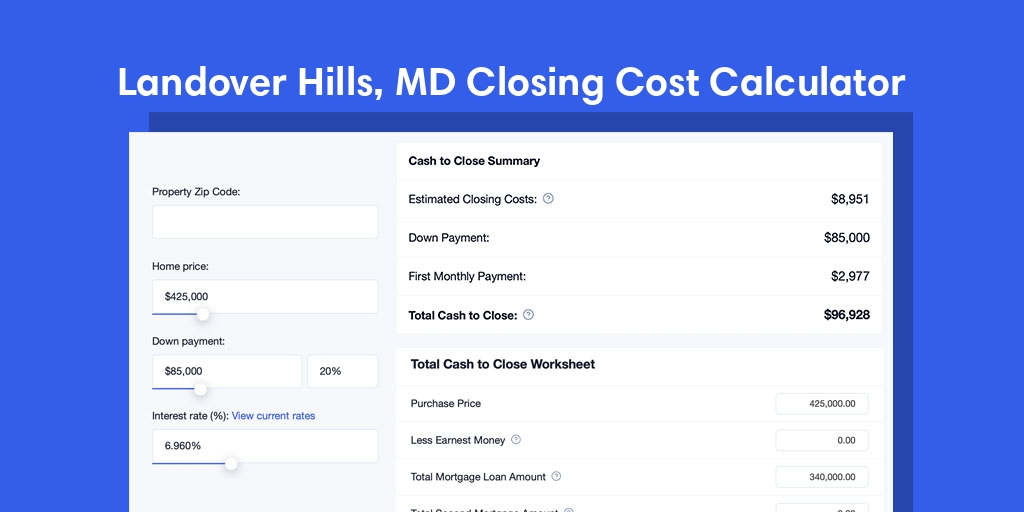 Landover Hills, MD Mortgage Closing Cost Calculator with taxes, homeowners insurance, and hoa
