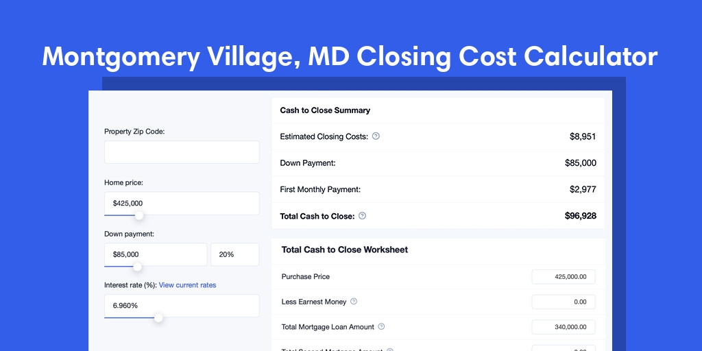 Montgomery Village, MD Mortgage Closing Cost Calculator with taxes, homeowners insurance, and hoa