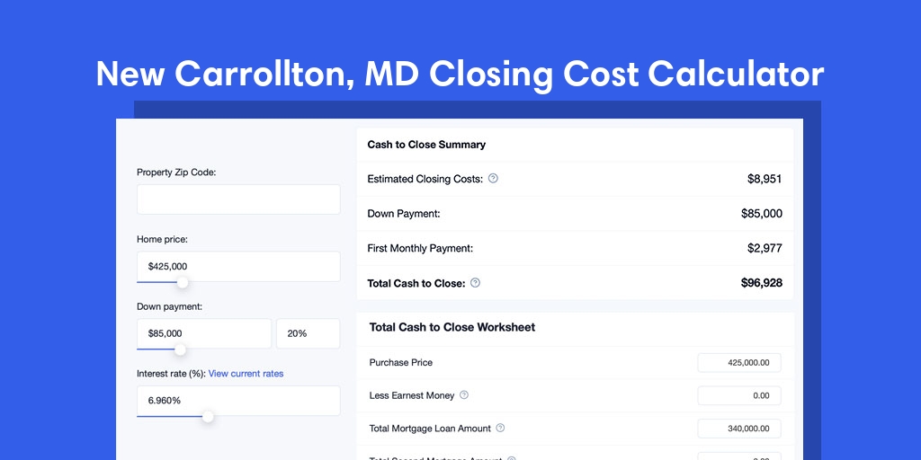 New Carrollton, MD Mortgage Closing Cost Calculator with taxes, homeowners insurance, and hoa