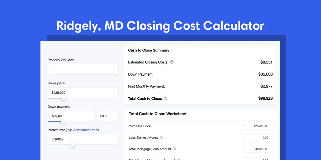Ridgely, MD Mortgage Closing Cost Calculator with taxes, homeowners insurance, and hoa