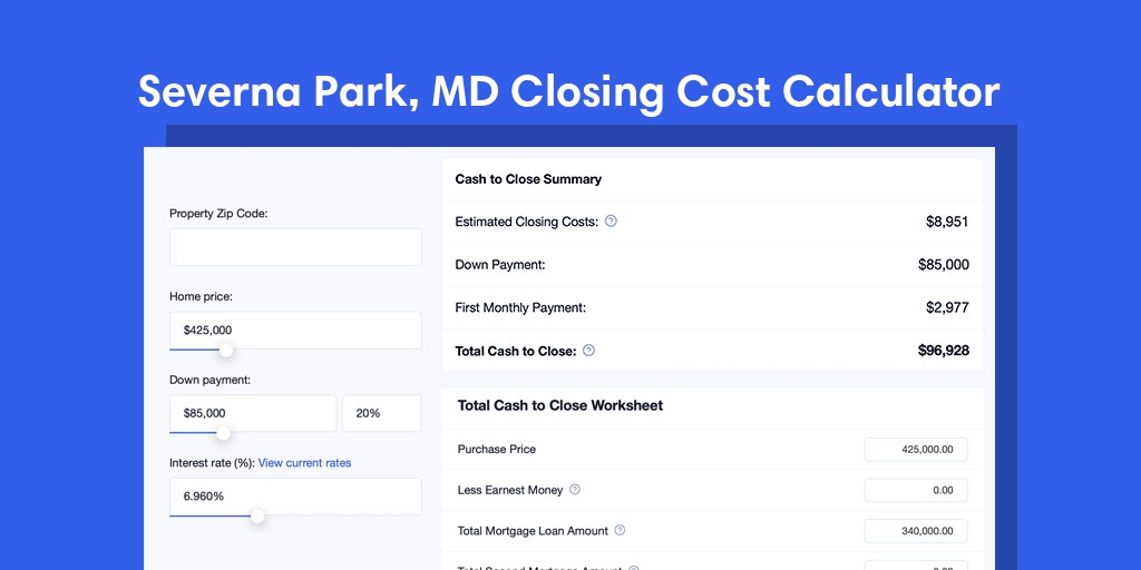 Severna Park, MD Mortgage Closing Cost Calculator with taxes, homeowners insurance, and hoa