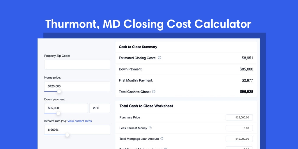 Thurmont, MD Mortgage Closing Cost Calculator with taxes, homeowners insurance, and hoa