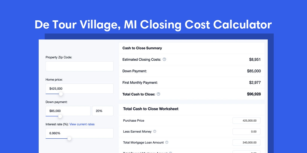 De Tour Village, MI Mortgage Closing Cost Calculator with taxes, homeowners insurance, and hoa