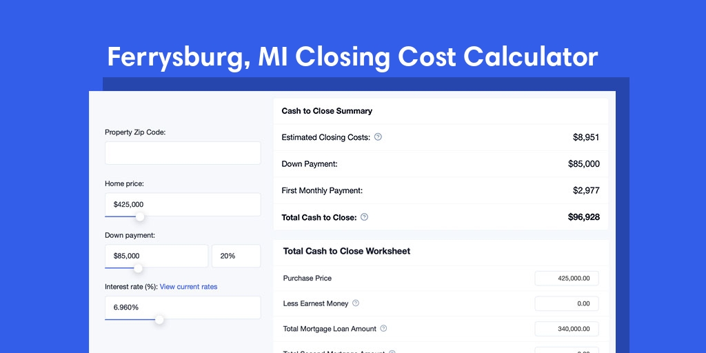 Ferrysburg, MI Mortgage Closing Cost Calculator with taxes, homeowners insurance, and hoa