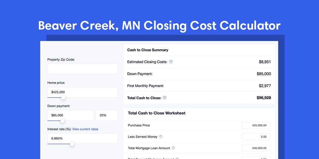Beaver Creek, MN Mortgage Closing Cost Calculator with taxes, homeowners insurance, and hoa