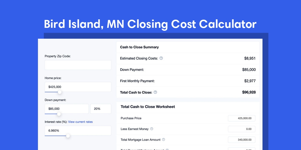 Bird Island, MN Mortgage Closing Cost Calculator with taxes, homeowners insurance, and hoa
