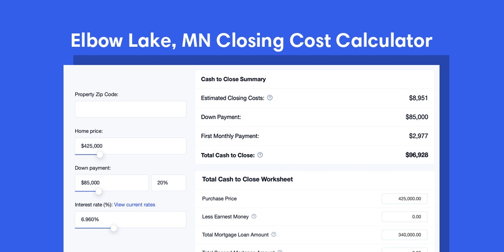 Elbow Lake, MN Mortgage Closing Cost Calculator with taxes, homeowners insurance, and hoa