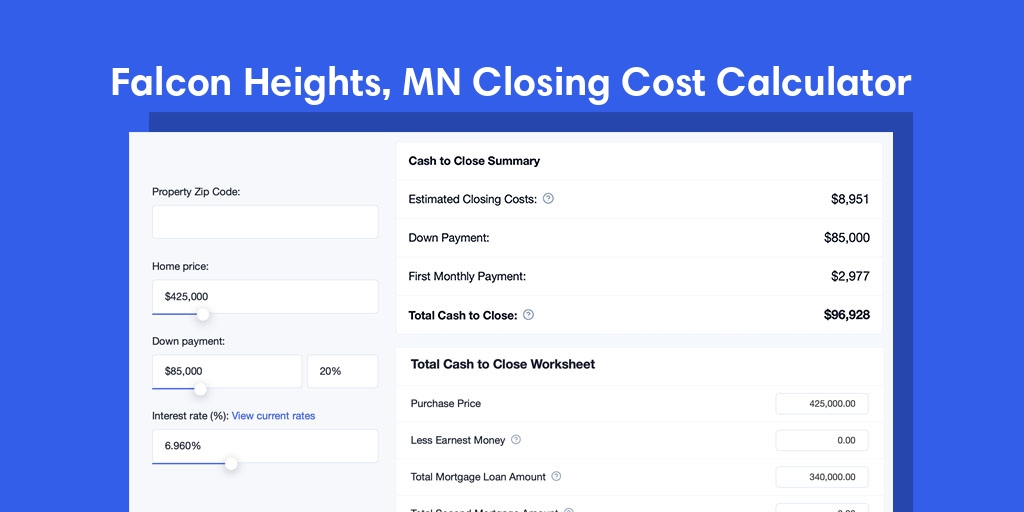 Falcon Heights, MN Mortgage Closing Cost Calculator with taxes, homeowners insurance, and hoa