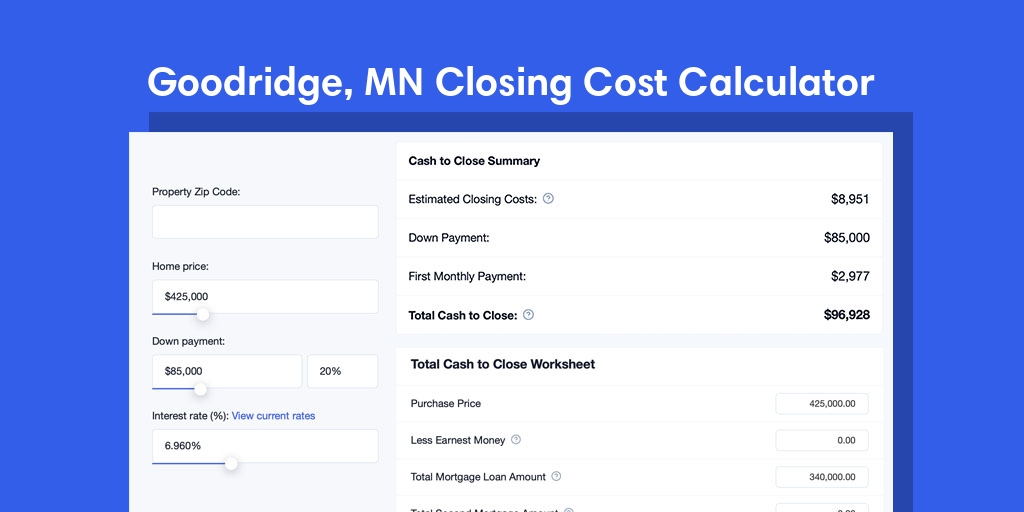 Goodridge, MN Mortgage Closing Cost Calculator with taxes, homeowners insurance, and hoa
