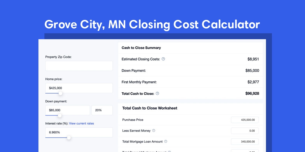 Grove City, MN Mortgage Closing Cost Calculator with taxes, homeowners insurance, and hoa