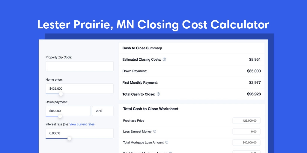 Lester Prairie, MN Mortgage Closing Cost Calculator with taxes, homeowners insurance, and hoa