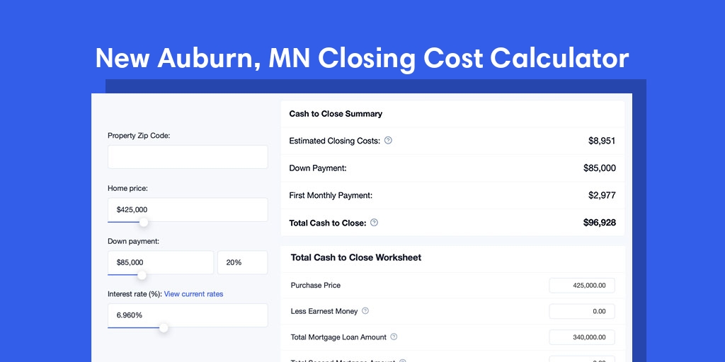 New Auburn, MN Mortgage Closing Cost Calculator with taxes, homeowners insurance, and hoa