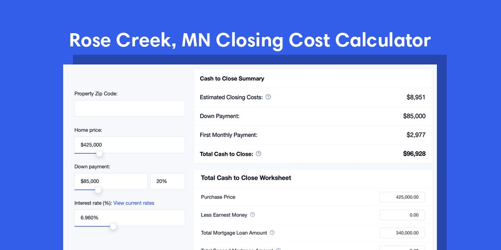 Rose Creek, MN Mortgage Closing Cost Calculator with taxes, homeowners insurance, and hoa