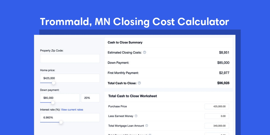 Trommald, MN Mortgage Closing Cost Calculator with taxes, homeowners insurance, and hoa