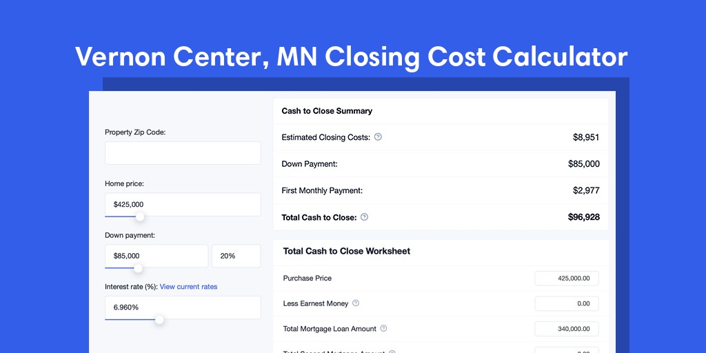 Vernon Center, MN Mortgage Closing Cost Calculator with taxes, homeowners insurance, and hoa