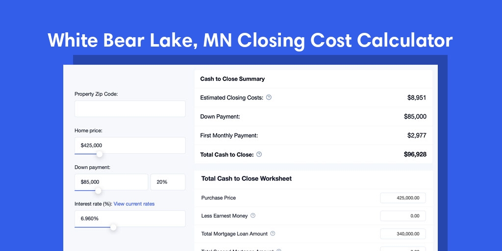 White Bear Lake, MN Mortgage Closing Cost Calculator with taxes, homeowners insurance, and hoa