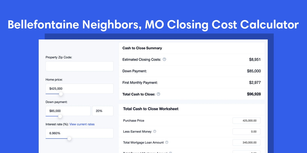 Bellefontaine Neighbors, MO Mortgage Closing Cost Calculator with taxes, homeowners insurance, and hoa