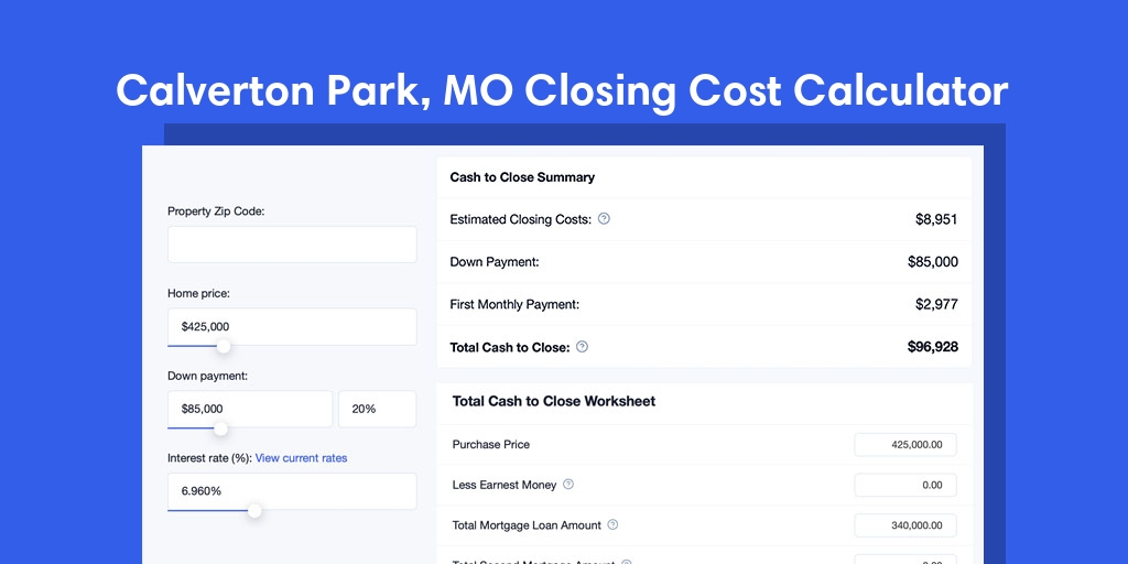 Calverton Park, MO Mortgage Closing Cost Calculator with taxes, homeowners insurance, and hoa