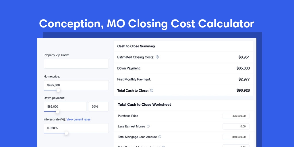 Conception, MO Mortgage Closing Cost Calculator with taxes, homeowners insurance, and hoa