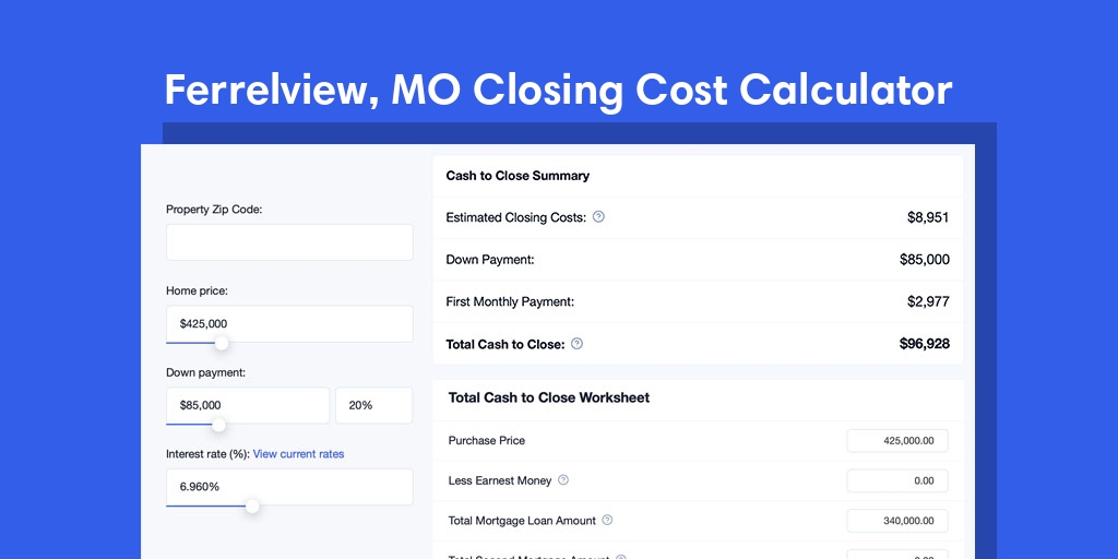 Ferrelview, MO Mortgage Closing Cost Calculator with taxes, homeowners insurance, and hoa