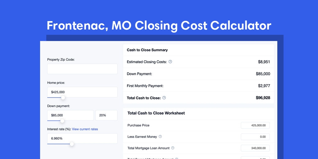 Frontenac, MO Mortgage Closing Cost Calculator with taxes, homeowners insurance, and hoa