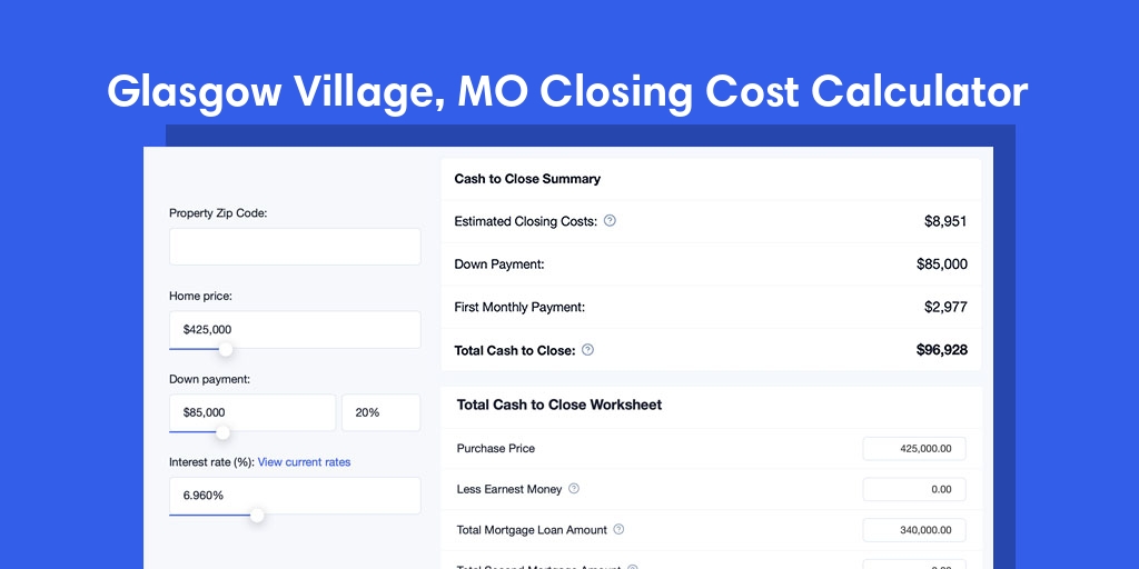 Glasgow Village, MO Mortgage Closing Cost Calculator with taxes, homeowners insurance, and hoa