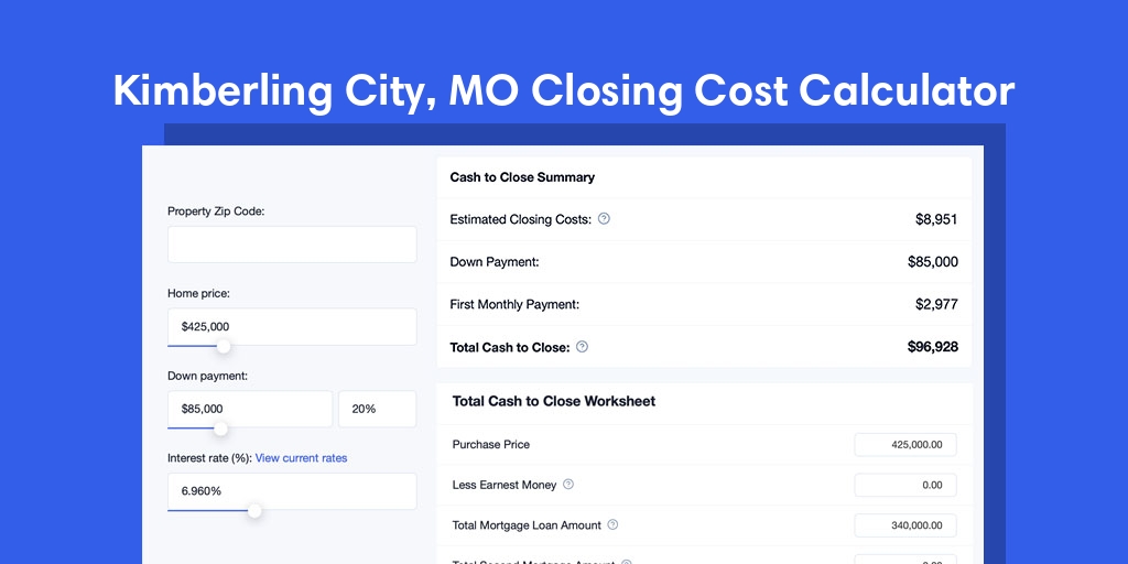 Kimberling City, MO Mortgage Closing Cost Calculator with taxes, homeowners insurance, and hoa