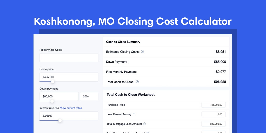 Koshkonong, MO Mortgage Closing Cost Calculator with taxes, homeowners insurance, and hoa
