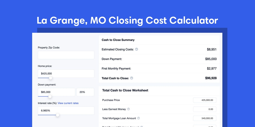 La Grange, MO Mortgage Closing Cost Calculator with taxes, homeowners insurance, and hoa