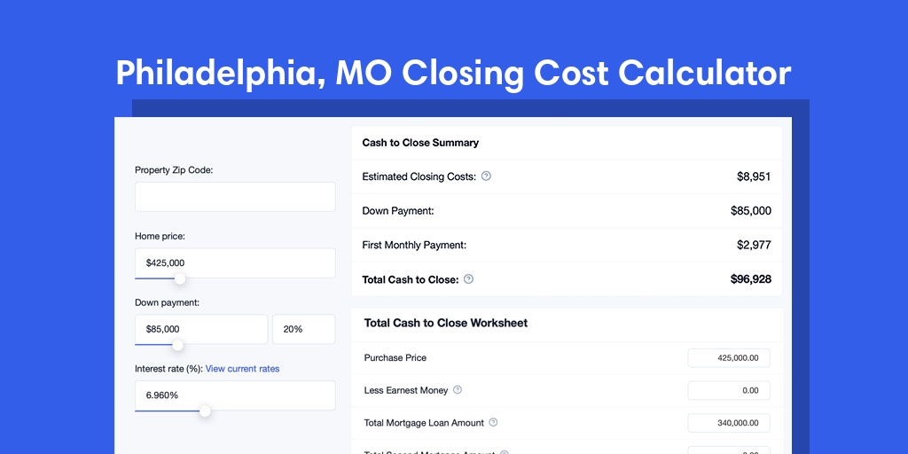 Philadelphia, MO Mortgage Closing Cost Calculator with taxes, homeowners insurance, and hoa