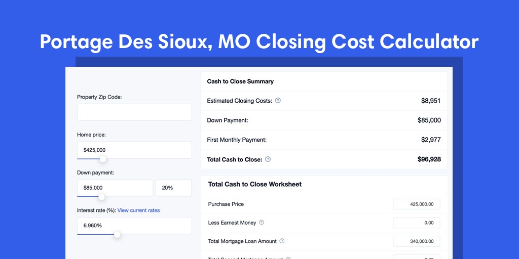 Portage Des Sioux, MO Mortgage Closing Cost Calculator with taxes, homeowners insurance, and hoa