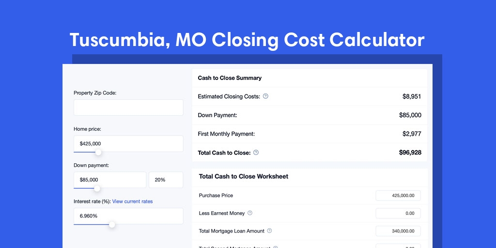 Tuscumbia, MO Mortgage Closing Cost Calculator with taxes, homeowners insurance, and hoa